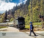 Kurzer Halt für 144 505 am heute aufgelassenen Haltepunkt Gmundbrücke kurz vor Berchtesgaden. Was der Zugführer auf der anderen Seite des Zuges suchte, ist nicht überliefert. (1979) <i>Foto: Karsten Risch</i>