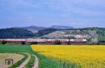 Eine nicht identifizierte 103 fährt mit IC 575 "Kaiserstuhl" (Hamburg-Altona - Hannover - Frankfurt/M - Mannheim - Basel SBB) an einem blühenden Rapsfeld bei Albungen (Werra) vorbei. (30.04.1990) <i>Foto: Wolfgang Bügel</i>