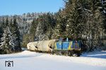 Die ehemalige 213 338, im Jahr 2003 als V 1353 von der Mittelweserbahn (MWB) übernommen, mit einem Güterzug bei Oy-Mittelberg. (30.12.2005) <i>Foto: Stefan von Lossow</i>