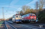 Hilfslok E 10 1239 setzt sich im Bahnhof Hagen-Haspe vor den liegengebliebenen DLr 27797 mit 218 191. Nachdem der Zug schon rund 5 Stunden dort stand, war man wenigstens so schlau und ließ die Hilfslok nicht noch wie vorgesehen bis Hagen Gbf fahren und von dort zurückkehren. Interessanterweise war die Hilfslok ausgerechnet die ursprüngliche Planlok des DLr. Diese hatte man heute nicht nach Bad Bentheim aufgrund einer defekten Dichtung geschickt. Das Werk Dessau wollte die Lok nicht reparieren, auch keine andere DB-Dienststelle hatte sich dazu bereit erklärt, sodaß die Lok demnächst zur Reparatur nach Straßhof südlich von Wien fahren muß! Mit dem vielen Geld aus Bundeszuschüssen hat es die DB wohl nicht mehr nötig, solche Kleckerreparaturen zu übernehmen. (27.12.2024) <i>Foto: Joachim Schmidt</i>