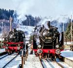 1987 waren bei der traditionellen Dreikönigsfahrt der Eisenbahnfreunde Zollernbahn 24 009 und 64 289 auf der HzL zu Gast, die sich hier im Bahnhof Hanfertal begegnen. (06.01.1987) <i>Foto: Joachim Schmidt</i>