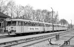 AKN VT 2.23 (Uerdingen, Baujahr 1956), der einem DB-VT 95 mit Puffern entspricht, mit den VB 2.90 und 2.91 und VT 2.24 im AKN-Bahnhof Kaltenkirchen. (26.04.1969) <i>Foto: Gerd Wolff</i>