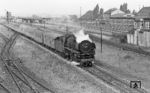 Die Paderborner 01 115 befördert den Saisonzug D 1041 durch Löhne (Westf). Über viele Jahre lang kreuzten in dem Bahnhof die Fernzüge von Berlin über Hannover und Köln nach Paris und von Amsterdam über Osnabrück und Hildesheim nach Mitteldeutschland. Die weitläufigen Bahnanlagen wurden mit zahlreichen Tunneln und Überführungen so gebaut, dass eine kreuzungsfreie Querung der beiden Hauptstrecken möglich war. Neben der Auflösung des Rangierbahnhofs hat auch der Personenbahnhof heute seine ehemalige Bedeutung verloren und ist nur noch eine Station im Regionalverkehr. (22.07.1965) <i>Foto: Wolfgang Jahn</i>