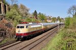 E 03 001 auf dem Rückweg von Koblenz nach Köln mit dem Rheingold-Sonderzug Dz 1314 bei Neuwied-Feldkirchen. (12.04.2025) <i>Foto: Zeno Pillmann</i>