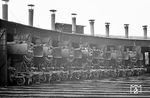 Wochenendruhe im Bw Limburg (Lahn) mit den dort stationierten 052 184, 050 525, 052 604, 052 194, 051 543, 053 009 und 053 062. (04.07.1970) <i>Foto: Wolfgang Bügel</i>