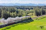 Zwischen Biessenhofen und Günzach steigt die Allgäubahn um 100 Höhenmeter bis östlich von Günzach mit 820 Metern Meereshöhe der höchste Punkt zwischen München und Lindau erreicht wird. Vor der Kulisse der Allgäuer Alpen ist 18 478 auf dem Steigungsabschnitt zwischen Aitrang und Günzach unterwegs. (01.05.2025) <i>Foto: Joachim Schmidt</i>