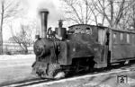 Der Landkreis Wreschen in der ehemaligen preußischen Provinz Posen eröffnete am 14. April 1898 eine 600 mm Kleinbahn. Die 19,6 Kilometer lange Stammstrecke führte vom Kleinbahnhof Wreschen zum Stadtbahnhof und weiter bis zum Grenzort Borstein. Gleichzeitig wurde von Wreschen aus in nordöstlicher Richtung eine nur sieben Kilometer lange Bahn nach Kleparz, das schon im Nachbarkreis Witkowo lag, in Betrieb genommen. 1920 kam dieser Teil der Provinz Posen zu Polen, die Bahn blieb aber im Kreiseigentum. 1940 weist der Fahrzeugbestand vier Dampflokomotiven, vier Personen- und drei Packwagen sowie 150 Güterwagen aus. Während des Zweiten Weltkriegs, als dieses Bild mit der Lok 7 entstand, war die Kreisbahn als „Wreschener Eisenbahn“ zeitweise den Gaubahnen Wartheland unterstellt. Nach 1945 wurde die Bahn verstaatlicht und kam zur PKP. (21.03.1942) <i>Foto: Kurt Herbener, Slg. W. Löckel</i>