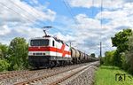 Die zur DeltaRail GmbH Frankfurt (Oder) gehörende 212 001 (ex 243 001) mit einem leeren Kesselwagenzug von Böhlen nach Frankfurt (Oder) Oderbrücke bei Taucha, östlich von Leipzig. (05.05.2025) <i>Foto: Ralf Opalka</i>