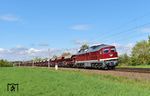 232 356 der Wedler Franz Logistik Potsdam (WLF) mit einem leeren Schotterzug von Leipzig-Schönefeld nach Cunnersdorf b. Kamenz nahe Gerichshain zwischen Leipzig und Wurzen. (22.04.2025) <i>Foto: Ralf Opalka</i>