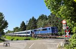 TRI 111 054 mit DLr 57398 von Köln Bbf nach Dortmund Hbf am Bü Wilzhauser Weg in Solingen-Ohligs. Der Zug wird anschließend die Borussia-Fans zum Spitzenspiel nach Leverkusen bringen. (11.05.2025) <i>Foto: Joachim Bügel</i>