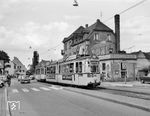 Gelenktriebwagen GT 4 Nr. 112 (Maschinenfabrik Esslingen, Baujahr 1962) mit Beiwagen 130 in der Endstation Zähringen. (05.1967) <i>Foto: Reinhard Todt</i>