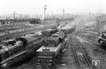 Im Bw Fulda pausieren die hier beheimateten 38 1567 und 55 4337. Davor steht 01 1077 aus Bebra, im Güterbahnhof in Höhe der Aufsicht Süd fährt eine 44er vorbei. (06.1959) <i>Foto: Jürgen Hagemann, Slg. R. Garn</i>