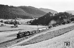 Eine P 8 hat mit P 3867 aus Hausach soeben das Einfahrsignal des Bahnhofs Schenkenzell passiert. Das seinerzeit bei der DB schon seltene Hauptsignal in Negativ-Ausführung (von der hier sichtbaren Rückseite schwarz mit weißem Rand, von der anderen Seite rot mit weißem Rand) wurde immer dann angewendet, wenn der Kontrast zum Hintergrund bei der Normal-Ausführung  für zu gering erachtet wurde, also die Erkennbarkeit des Signalbildes in Frage stand. Auf dem Berg im oberen Kinzigtal thront die Ruine Schenkenburg, die Reste einer Höhenburg aus dem 12. Jahrhundert. (07.1958) <i>Foto: Jürgen Hagemann, Slg. R. Garn</i>