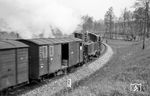 Obwohl die Bottwartalbahn im Personen- wie auch im Gütertransport ein bedeutendes Verkehrsaufkommen hatte, wahrscheinlich das höchste aller württembergischen Schmalspurbahnen, war an diesem Tag wenig los. Landwirtschaftliche Produkte sowie Lieferungen und Abfuhren für die im Südteil angesiedelte Holz- und Möbelindustrie prägten das Frachtgeschäft. Spitzenbelastungen traten im Herbst während der so genannten Rübenkampagne auf, wobei die direkte Anbindung zur Zuckerfabrik in Heilbronn besonders vorteilhaft war. In der Nachosterwoche 1960 hatte 99 672 allerdings nur zwei Wagen zu befördern, aufgenommen bei Kleinbottwar. (20.04.1960) <i>Foto: Gerhard Karl</i>