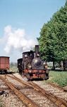 Während der Betriebszeit der Schefflenztalbahn von 1908 bis 1965 waren in Billigheim zur Abwicklung des gesamten Verkehrs nur zwei Dampfloks erforderlich. Zur Bewältigung des geringen Verkehrsaufkommens genügten Zweikuppler mit der Achsfolge B. Die ersten beiden Loks führten die Betriebsnummern 1 und 2, im DEBG-Nummernschema später die 6 und die 8, die hier in Oberschefflenz rangiert. (22.05.1965) <i>Foto: Theodor Horn</i>