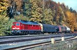 232 253 fährt mit dem recht kurzen TC 44322 (Most[Brüx]/Tschechien - Nürnberg Rbf) durch den Bahnhof Waldershof südwestlich von Marktredwitz. (24.10.2004) <i>Foto: Thomas Konz</i>