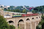 SNCB 5510 mit einem Reisezug auf dem Viaduc de Pulvermühle in Luxembourg. (08.1991) <i>Foto: Peter Schiffer</i>