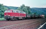 216 064 vom Bw Köln-Nippes als Schlusslok am Schienenschleifzug "8517 Au" in Herchen (Sieg). (1970) <i>Foto: Klaus Himmelreich</i>