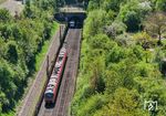 Beim Umsetzen im Bahnhof Sterbfritz kam es zu dieser 'Auge in Auge'-Begegnung zwischen der Rangierfahrt des 440 319 und der am Tunnelausgang des Sterbfritz-Tunnels vor dem Einfahrsignal wartenden 185 544. Normalerweise gehört dies schon in Kategorie "Gefährdende Rangierbewegung", weil sich der 440 im Durchrutschweg hinter dem Einfahrsignal befindet. Rangieren im Durchrutschweg ist grundsätzlich nicht erlaubt, da dieser für Zugfahrten reserviert ist.  (30.04.2025) <i>Foto: Joachim Schmidt</i>
