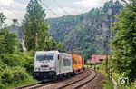Metrans 386 030 fährt mit einem Containerzug für die Hamburger Hafen und Logistik AG (HHLA) bei Kurort Rathen durch die Sächsische Schweiz. (16.05.2025) <i>Foto: Joachim Schmidt</i>