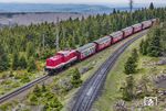 Nach der Vorbeifahrt des Dampfzuges setzt 199 861 am Goetheweg ihre Fahrt nach Schierke (- Wernigerode) fort. (19.05.2025) <i>Foto: Joachim Schmidt</i>