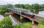 012 104 mit Sonderzug DPE 74201 (Osnabrück - Bad Zwischenahn) auf der Emsbrücke bei Hanekenfähr, schon zu Planzeiten der 012 ein beliebter Fotopunkt.  (29.05.2025) <i>Foto: Joachim Schmidt</i>