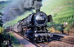 Die Ehranger 044 184 (ex 44 1184) ballert mit einem Güterzug aus französischen Stemi-Wagen durch den Haltepunkt Neef an der Mosel. (09.08.1971) <i>Foto: Manfred van Kampen</i>