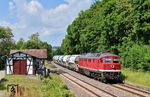 232 701 der Bahnbetrieb Gera GmbH mit dem beladenen Dolomit-Zug von Wünschendorf nach Brandenburg in Haynsburg. (03.06.2025) <i>Foto: Ralf Opalka</i>