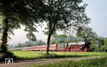 012 104 brettert mit ihrem Sonderzug bei Dörpen vorbei. Abgesehen vom Wagenpark fühlte man sich tatsächlich 50 Jahre zurückversetzt, denn genau am 31. Mai 1975 endete der Schnellzugdampf auf der Emslandstrecke. 012 104 erlebte das Dampfende allerdings nicht mehr. Nach ihrer Ausmusterung im Oktober 1974 befand sich sie im Mai 1975 schon in England.  (31.05.2025) <i>Foto: Joachim Schmidt</i>