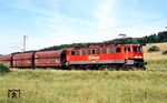 Die Elektrolokomotiven der DR-Baureihe E 251 (ab 1970: 251, ab 1992: 171) entsprachen aufgrund ihrer abweichenden technischen Merkmale bezüglich des Stromsystems nicht dem Standard des Lokomotivparks der Deutschen Reichsbahn. Sie wurden nur auf der Strecke Blankenburg (Harz) – Königshütte (Rübelandbahn) eingesetzt, die 1965 abweichend vom restlichen deutschen Fernbahnnetz statt mit 15 kV bei 16 2/3 Hz mit 25 kV bei 50 Hz elektrifiziert und aus dem Landesnetz gespeist wurde. Bei Hüttenrode ist der Gag 62647 mit der verkehrsroten 171 008 unterwegs. Mit zehn voll beladenen Wagen und einem Gewicht von ca. 800 t hatte der Zug aus Lastgründen noch eine Schiebelok am Zugschluss. (05.07.2002) <i>Foto: Siegfried Graßmann</i>
