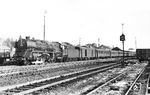 01 004 vom Bw Hagen-Eckesey fährt vor dem belgischen Militärzug Dm 80651 nach Soest durch den Bahnhof Solingen-Ohligs (heute Solingen Hbf). Die Lok ist anlässlich des Pfingstfestes geschmückt. Das Bild entstand am Pfingstmontag 1956. (21.05.1956) <i>Foto: Carl Bellingrodt</i>