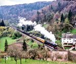 Am 9. Mai 1985 war 01 1066 erstmalig nach Amberg unterwegs. Vor Etzelwang nimmt sie die Steigung mit dem 550 t schweren Probezug. Der obligatorisch eingestellte Hilfszugwagen diente als Aufenthaltswagen für die mitfahrenden Lokpersonale. (09.05.1985) <i>Foto: Joachim Schmidt</i>