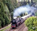 Drei Tage vor der offiziellen Eröffnung des Nürnberger Dampfzugprogramms fuhr 01 1066 zum letzten Mal mit einem Lastprobezug nach Bayreuth, aufgenommen am Sonnenburgtunnel bei Velden. (13.05.1985) <i>Foto: Joachim Schmidt</i>