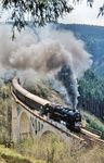 Die abweichende Bespannungspraxis führte immerhin dazu, dass eine 95er endlich vorwärts das Nasse-Telle-Viadukt (145 m) in Richtung Ernstthal am Rennsteig befuhr. 95 0027 kämpft sich mit dem P 18004 nach Saalfeld (Saale) die Steigung nach Oberlauscha hinauf. Das baufällige Viadukt wurde am 14.12.2001 gesprengt und durch eine Betonbrücke ersetzt. (02.05.1981) <i>Foto: Helmut Dahlhaus</i>