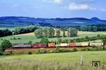 150 076	vom Bw Nürnberg 2 mit einem Durchgangsgüterzug (Dg) nördlich von Eichenberg. (30.05.1990) <i>Foto: Wolfgang Bügel</i>