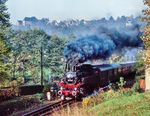 Hinter Wolkenstein teilte sich im Tal der Zschopau die Schmalspurbahn nach Jöhstadt die Trasse mit der Normalspurstrecke nach Annaberg auf einem Dreischienengleis. Nach 1,9 Kilometer zweigte die Schmalspurbahn dann am Abzweig Wolkenstein Stw 1 nach Südosten in das Tal der Preßnitz ab. Auf dem Dreischienengleis kommt 86 049 bei Wolkenstein angekachelt. Das 750 mm Gleis wurde nach Stilllegung der Schmalspurbahn kurze Zeit später entfernt. (14.10.1990) <i>Foto: Joachim Schmidt</i>