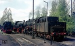 Bei der Festveranstaltung im Bw Mayen musste jeder Meter Gleis zum Abstellen der Lokomotiven genutzt werden. Hier steht die Mayener 051 462 vor den zugereisten Loks 66 002 und 24 009. (07.05.1975) <i>Foto: Wolfgang Bügel</i>