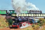 41 1231 unterquert mit einem Sonderzug der Eisenbahnfreunde Staßfurt aus Staßfurt kommend auf der einstmals zweigleisigen Kanonenbahn die Mansfelder Bergwerksbahn. Die Strecke Sangerhausen-Klostermansfeld-Güsten-Schönebeck-Magdeburg war von der DR zur Elektrifizierung vorgesehen. So hätte auch die Brücke der Schmalspurbahn angehoben werden müssen. Nach Rückgang des Güterverkehrs in Folge der Wende wurden die Pläne der Elektrifizierung in die Schublade gelegt und kamen dort auch nicht mehr heraus. Auf der Bergwerksbahn ist Lok 11 mit einem Sonderzug unterwegs. (28.09.1997) <i>Foto: Thomas Fischer</i>