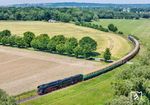 01 0509 hat mit dem Tagesausflugssonderzug DPE 1820 aus Leipzig zum „Rasenden Roland“ auf Rügen ihr Ziel in Putbus fast erreicht. Am Zugschluss hängt 218 055 der PRESS. (14.06.2025) <i>Foto: Joachim Schmidt</i>