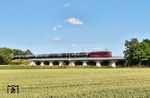 250 004 (ex 155 004) der Traktion4Rent GmbH Saalburg-Ebersdorf mit einem DGS von Großkorbetha nach Würzburg Rbf auf der Saalevorflutbrücke bei Naumburg-Henne. (25.06.2025) <i>Foto: Ralf Opalka</i>