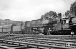 Zwischen 44 1314 (Bw Rheine) und dem ersten Wagen des Gdg nach Emden Rbf gab es in der Ausfahrt aus Münster (Westf) Hbf offenkundig ein Problem, sodass der Zug neben 41 222 zum Halten kam. (19.05.1964) <i>Foto: Bernd Kappel</i>