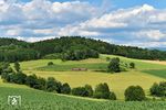 Von Raffelsberg aus hat man diesen Blick in den Bayerischen Wald mit seiner typischen Quellbewölkung unter weiß-blauem Himmel. Die Schienenbusgarnitur fährt von Freyung nach Waldkirchen.  (29.06.2025) <i>Foto: Ralf Opalka</i>
