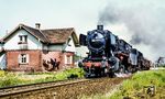 050 731 + 051 705 vor dem nur samstags in Doppeltraktion verkehrenden Dg 56391 nach Crailsheim in Königshofen (Baden). Hier trennt sich die Bahnstrecke nach Crailsheim von der elektrifizierten Frankenbahn nach Heilbronn. Das schöne Bahnwärterhaus an der Bundesstraße 292 ist heute nicht mehr vorhanden. (05.1975) <i>Foto: Karsten Risch</i>