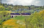 Durch das frühlingshafte Taubertal bei Vorbachzimmern befördern 050 731 und 051 795 den Dg 56391. Für beide Loks war es der letzte Frühling, denn mit Ende des Sommerfahrplans 1975 endete der Dampfbetrieb in Lauda. (05.1975) <i>Foto: Karsten Risch</i>