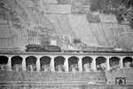 Der "Fahrleitungsschock" von Cochem führte an der Mosel weiter nach Westen. Glücklicherweise war das bekannteste Kunstbauwerk der Moselstrecke, der 786 m lange Hangviadukt bei Pünderich, noch nicht von den Elektrifizierungsarbeiten betroffen. Hier tauchte als erste wieder die Ehranger Schürzenlok 044 014 vor Dg 9002 auf. (01.04.1971) <i>Foto: Wolfgang Bügel</i>