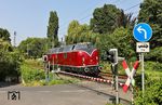 Nachdem V 200 122 als Tfzf am Morgen nach Bochum-Langendreer gefahren war, kehrte sie am Nachmittag als Tfzf 82960 nach Köln Hbf zurück und rauscht über den Bü Schnittert in Solingen-Ohligs. (13.08.2025) <i>Foto: Joachim Bügel</i>