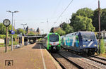 Die Zwischenabstellung der Ersatzzüge auf der Regionalexpresslinie 13 "Maas-Wupper-Express" erfolgt in Wuppertal-Steinbeck, da es in Wuppertal Hbf keine entsprechenden Möglichkeiten gibt. Mit dem Leerzug aus RE 21605 fährt 101 033 in den Güterbahnhof Steinbeck ein und trifft dort auf die wartende S-Bahn 3429 010 nach Hagen Hbf. (13.08.2025) <i>Foto: Wolfgang Bügel</i>