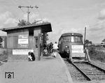 Die Alsternordbahn (ANB) verband ursprünglich die Bahnhöfe Ochsenzoll in Hamburg-Langenhorn und Ulzburg Süd im Kreis Segeberg in Schleswig-Holstein und wird heute von der AKN bedient. Ein MAN-Schienenbus steht in der damaligen Endhaltestelle Garstedt, die 1953 nördlich der Ochsenzoller Straße eröffnet worden war. Ende 1968 wurde der Haltepunkt aufgelassen und weiter nördlich über dem gleichnamigen U-Bahnhof neben dem hier eröffneten Einkaufszentrum „Herold Center“ als neuer Endpunkt eröffnet.  (10.1968) <i>Foto: Reinhard Todt</i>