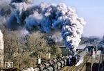 Im Februar 1991 war 01 519 nach ihrer Wiedergeburt als kohlegefeuerte 01 1519 das erste Mal wieder im "Plandampf"-Einsatz. Hier verlässt sie mit einem Personenzug von Magdeburg nach Thale den Bahnhof Quedlinburg. (27.02.1991) <i>Foto: Joachim Schmidt</i>