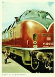 Werbepostkarte des Frankfurter Werbeamtes mit der nagelneuen V 200 027 vom Bw Frankfurt-Griesheim. Die Werbeabteilung der Bundesbahn war für die Markenkommunikation und Werbung des Unternehmens verantwortlich. Sie nutzte verschiedene Medien, um die Bundesbahn als Marke zu positionieren und Reisende zu gewinnen, auch wenn die Werbung heute eher altbacken wirkt. (1957) <i>Foto: WER</i>